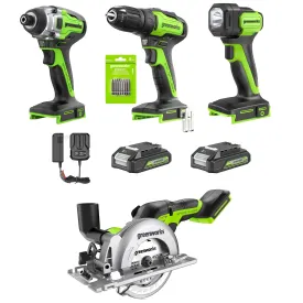 24V Drill, Impact Driver, Mini Circular Saw & Flashlight 4PC Combo Kit w/ (2) Batteries & Charger