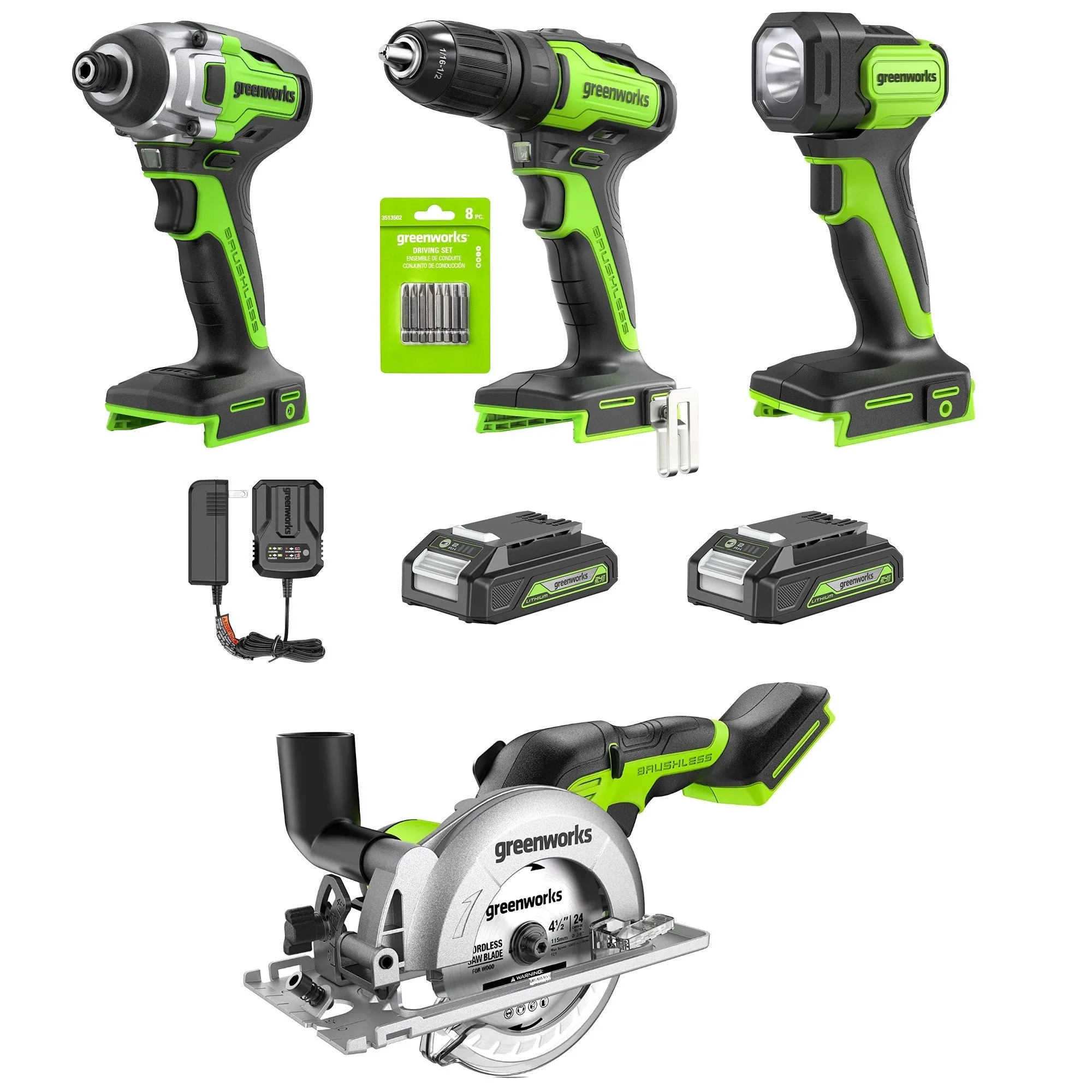 24V Drill, Impact Driver, Mini Circular Saw & Flashlight 4PC Combo Kit w/ (2) Batteries & Charger