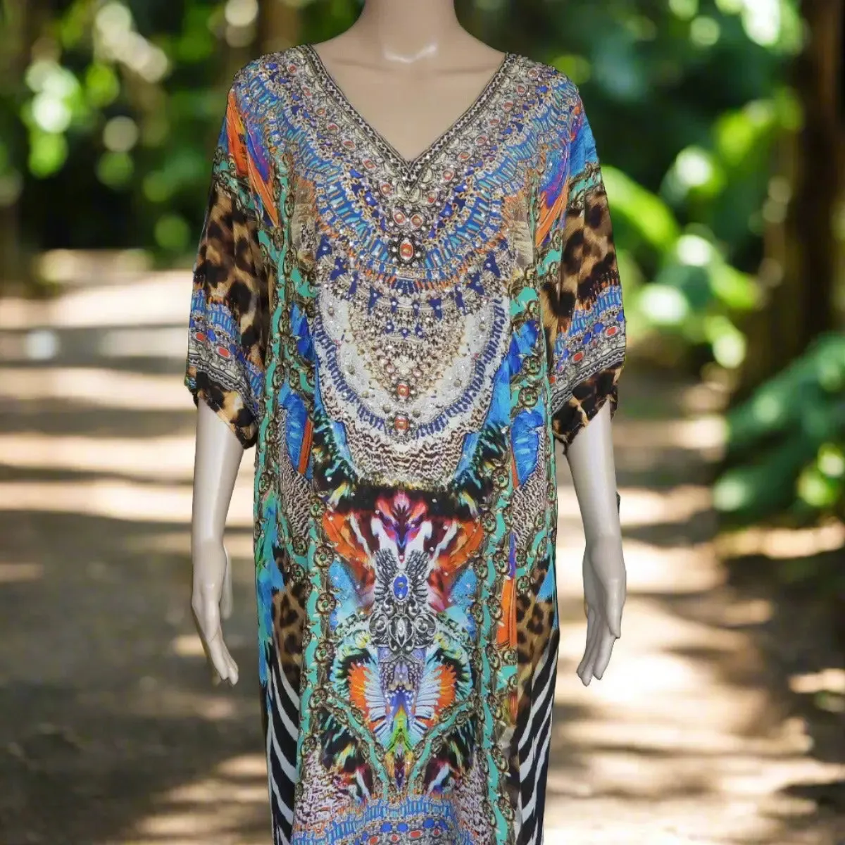 3/4 sleeve Silk Embellished Dress Jungle