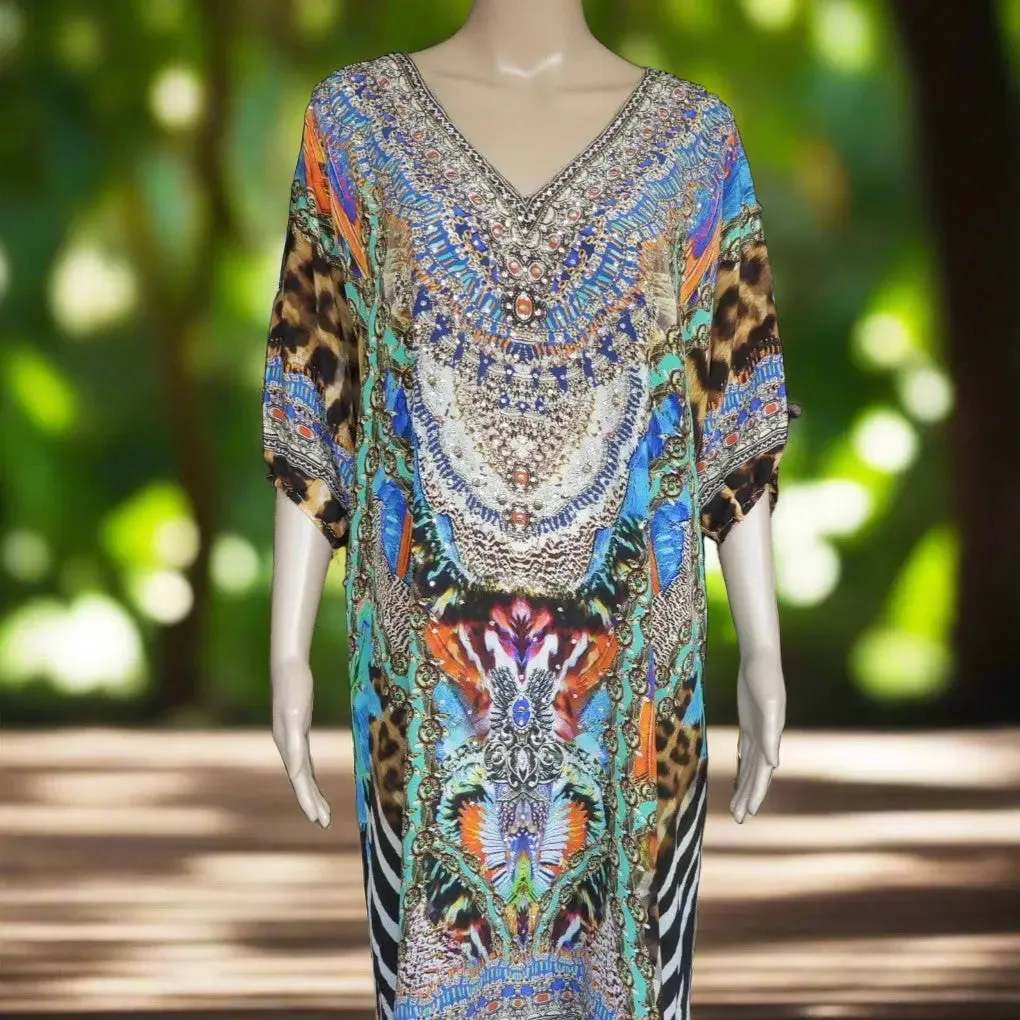 3/4 sleeve Silk Embellished Dress Jungle