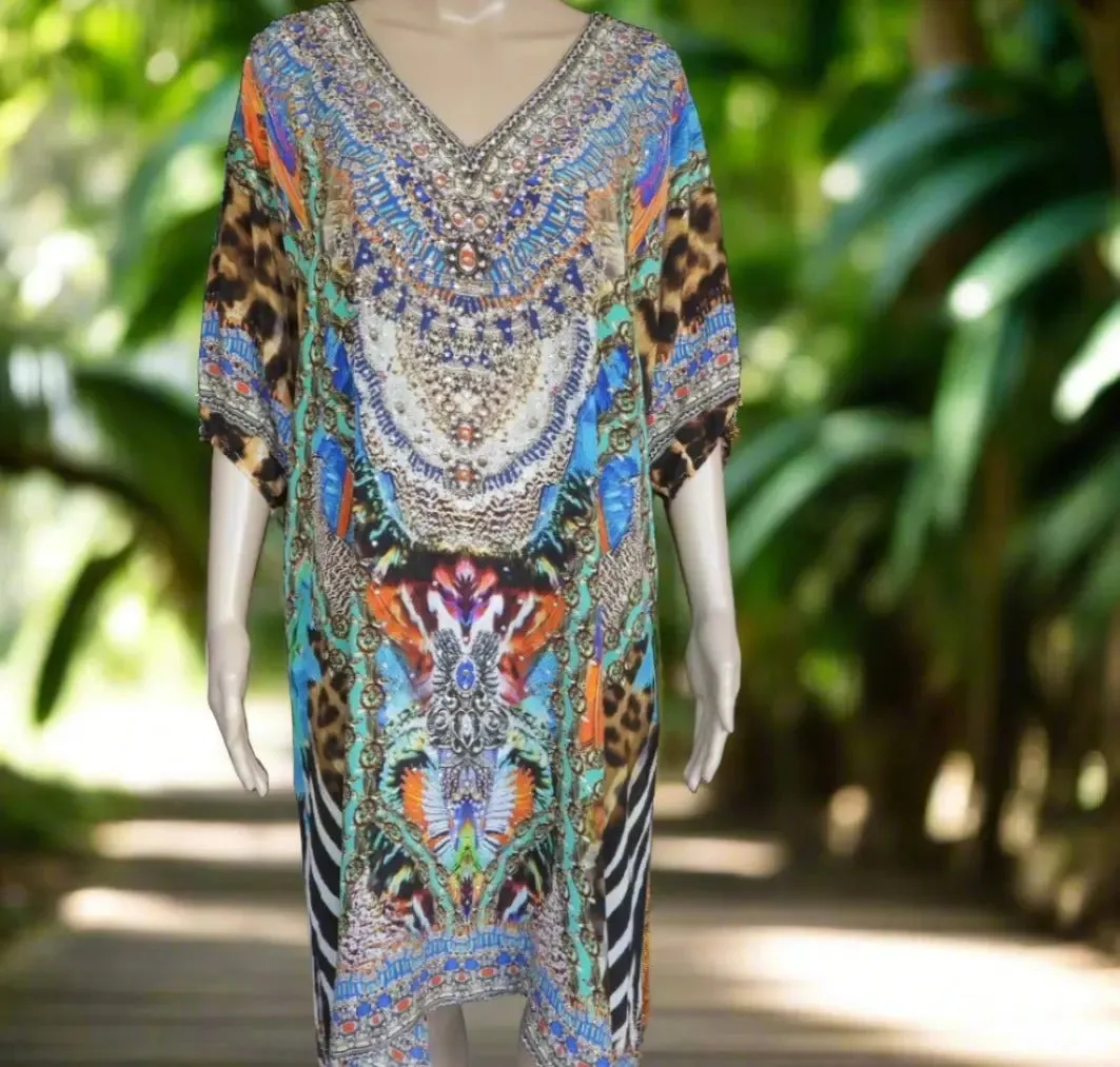 3/4 sleeve Silk Embellished Dress Jungle