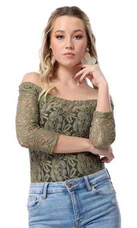 54266 Floral Lace Off-Shoulders Olive Bodysuit