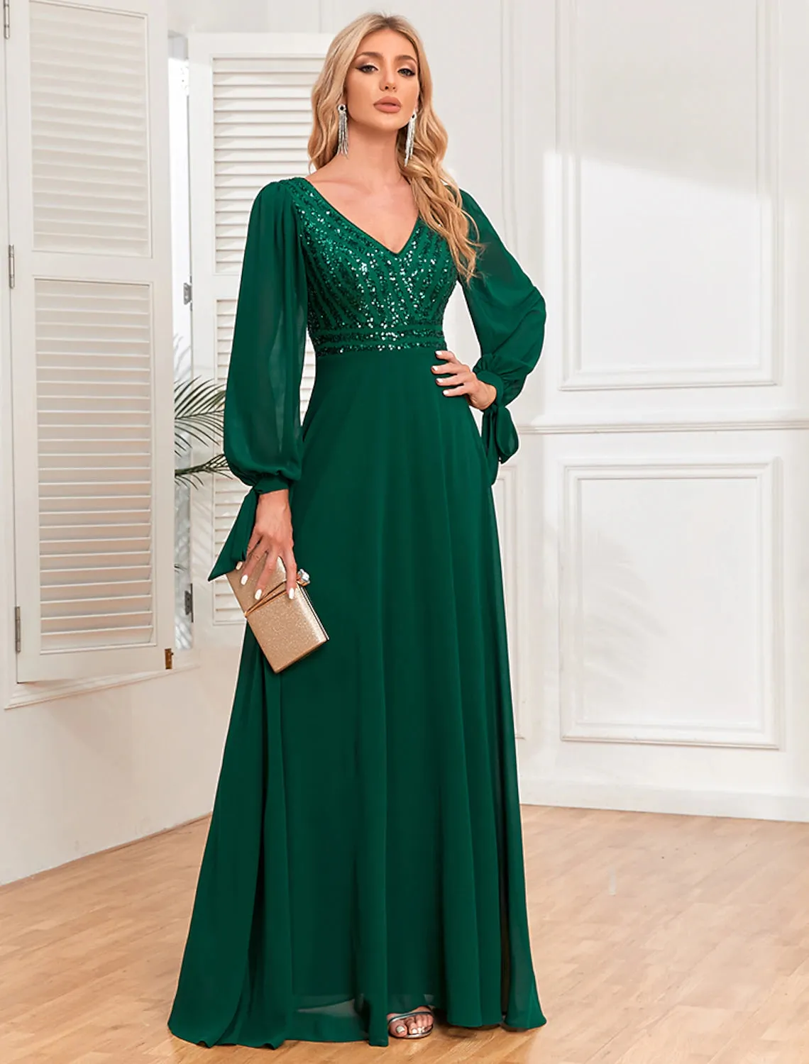 A-Line Evening Gown Empire Dress Evening Party Wedding Reception Floor Length Long Sleeve V Neck Fall Wedding Guest Chiffon V Back with Sequin