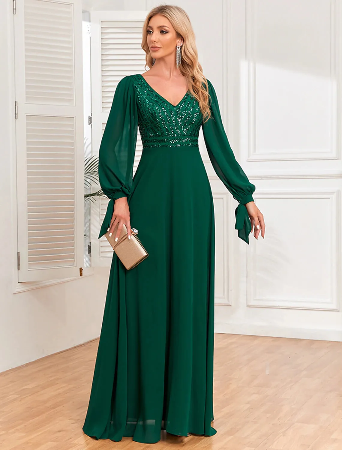 A-Line Evening Gown Empire Dress Evening Party Wedding Reception Floor Length Long Sleeve V Neck Fall Wedding Guest Chiffon V Back with Sequin