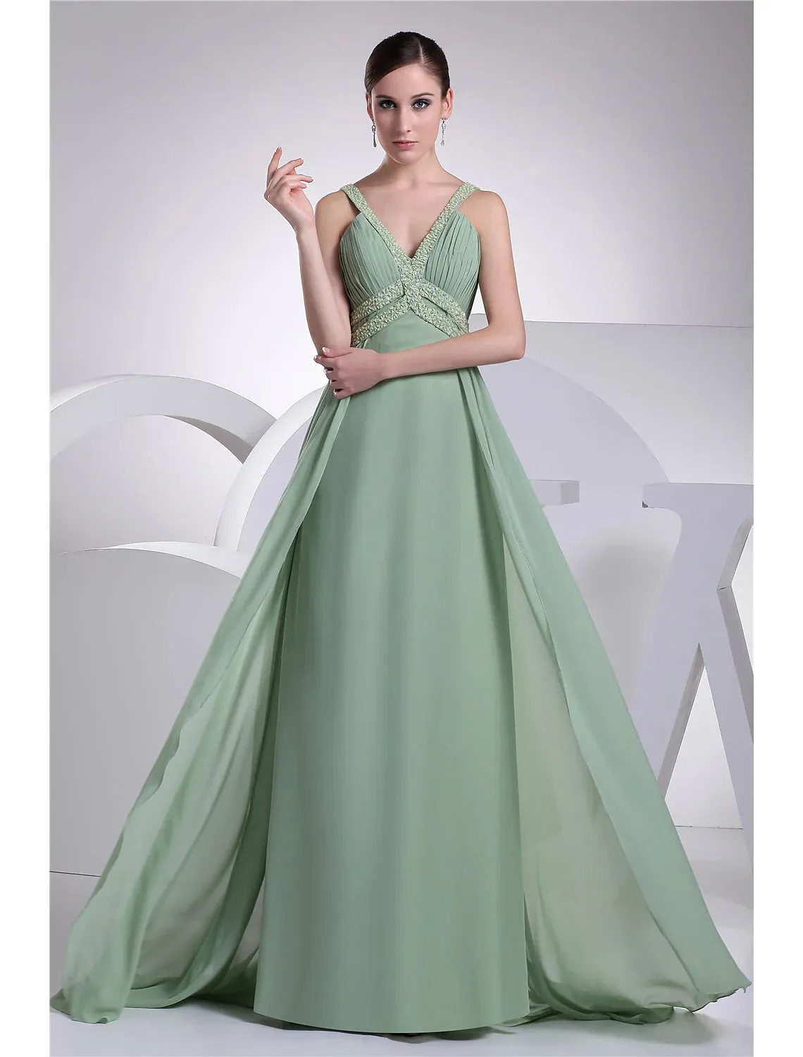 A-Line Evening Gown Sparkle Dress Formal Evening Floor Length Sleeveless Spaghetti Strap Chiffon with Beading