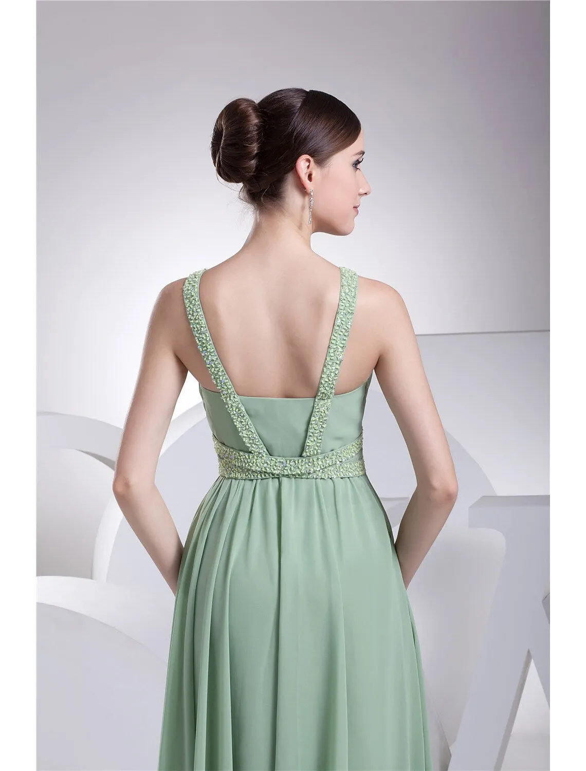 A-Line Evening Gown Sparkle Dress Formal Evening Floor Length Sleeveless Spaghetti Strap Chiffon with Beading