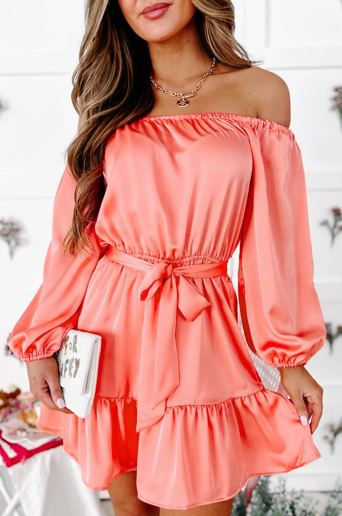 Afternoon Angel Off The Shoulder Bubble Sleeve Mini Dress (Coral)