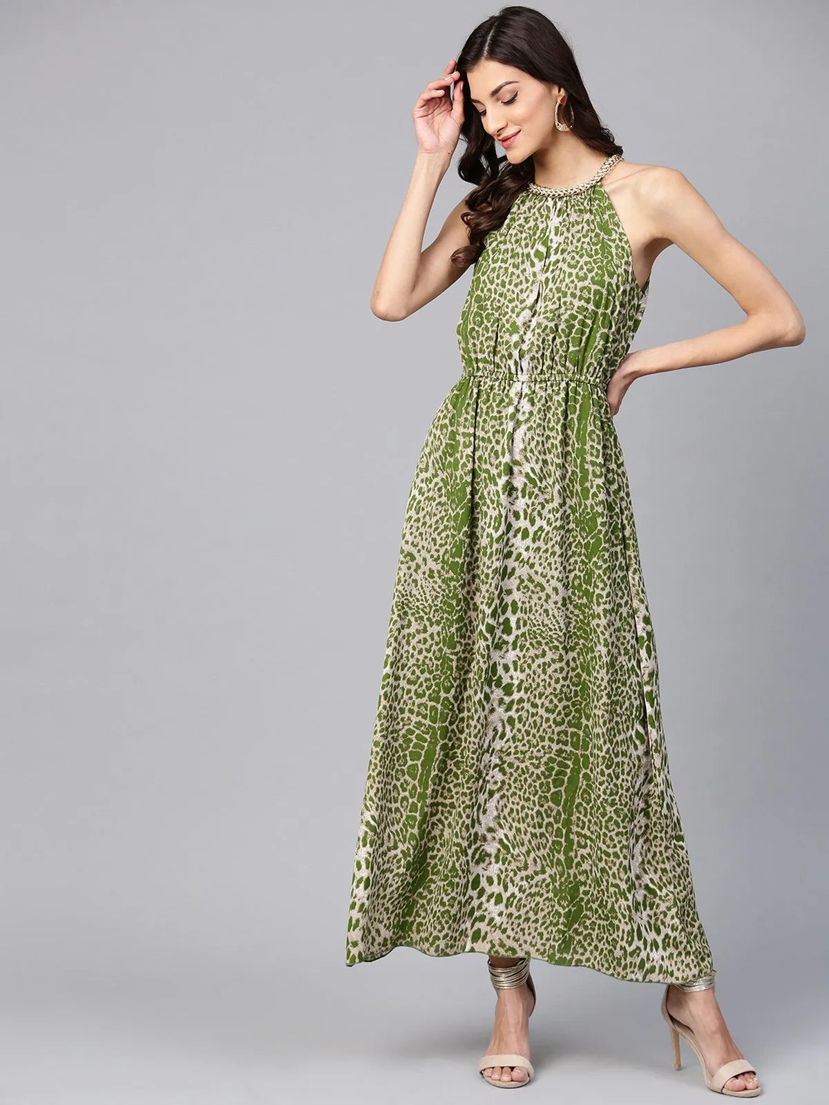 Animal Print Pleated Maxi Dress With Embellished Neck