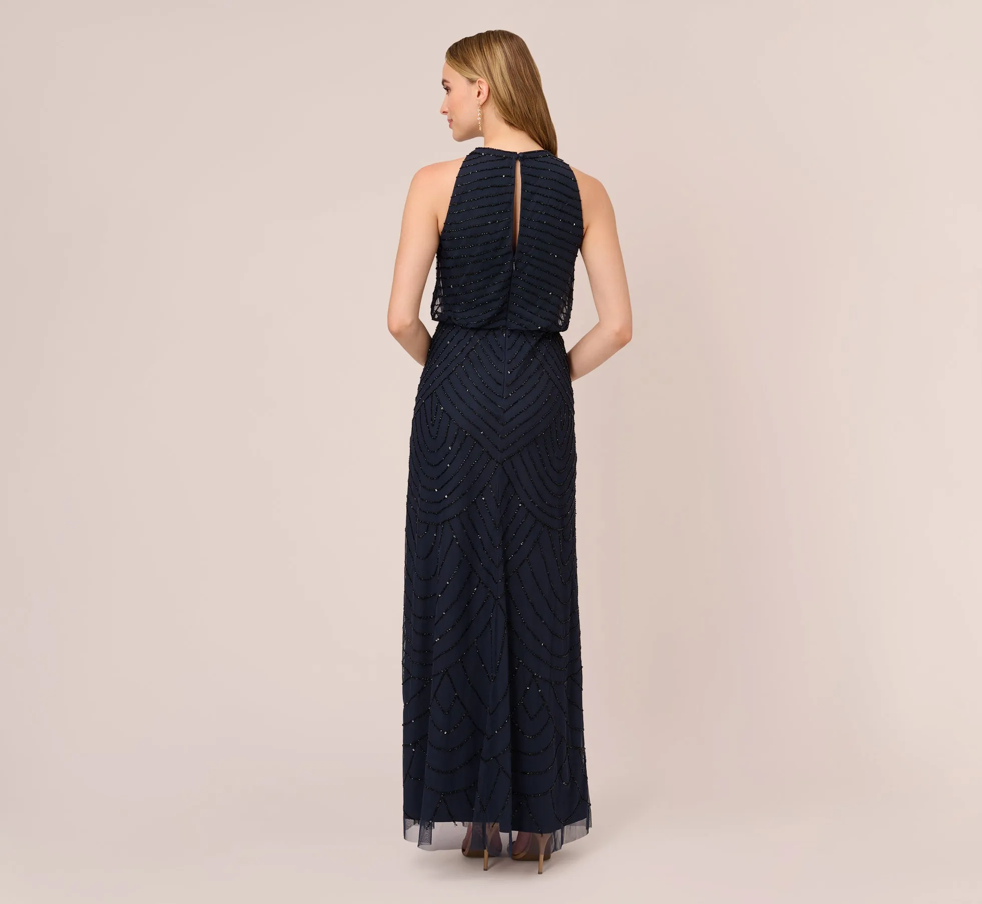 Art Deco Beaded Blouson Dress With Halter Neckline In Navy Black