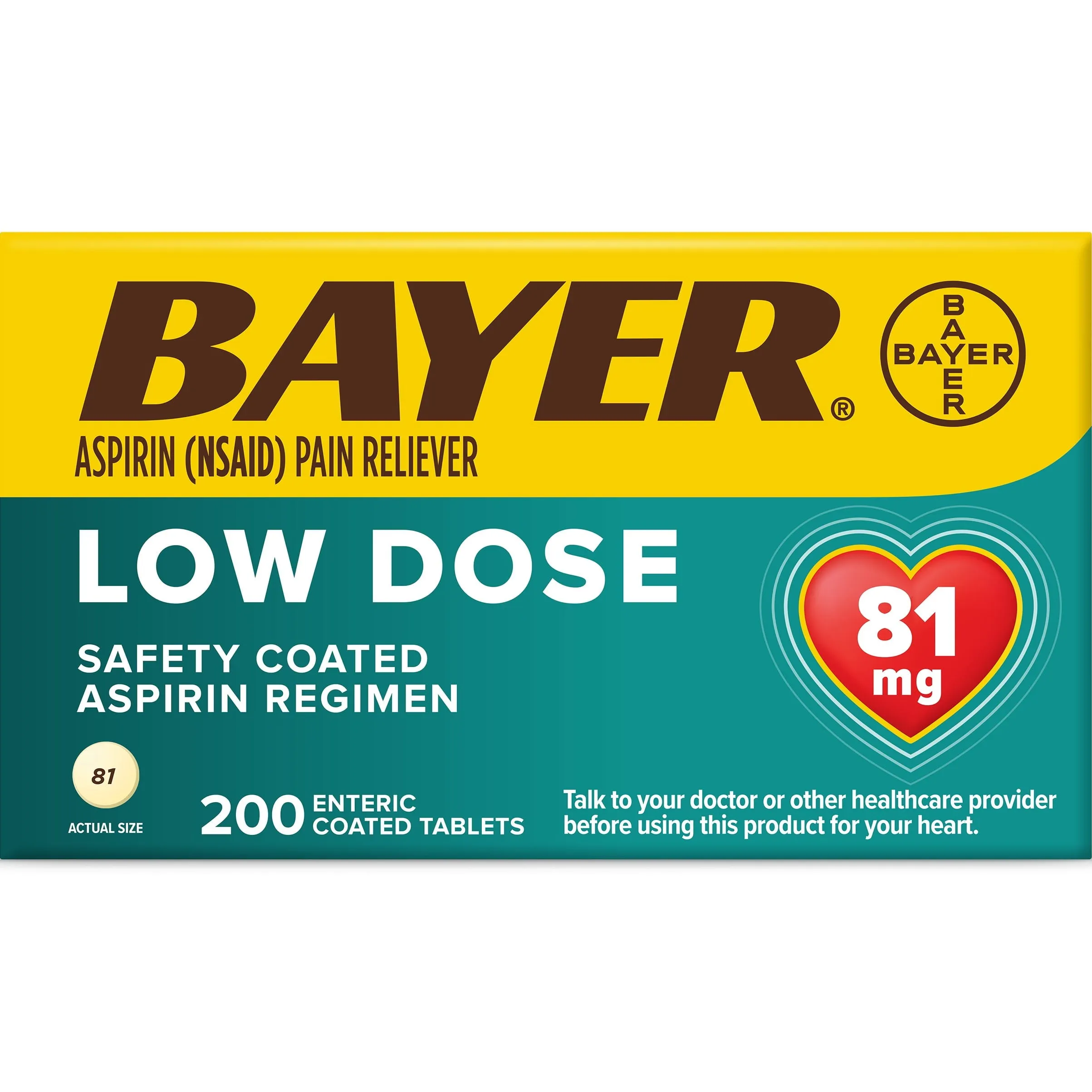 Aspirin Regimen Bayer Low Dose Pain Reliever Enteric Coated Tablets, 81mg, 200 Count