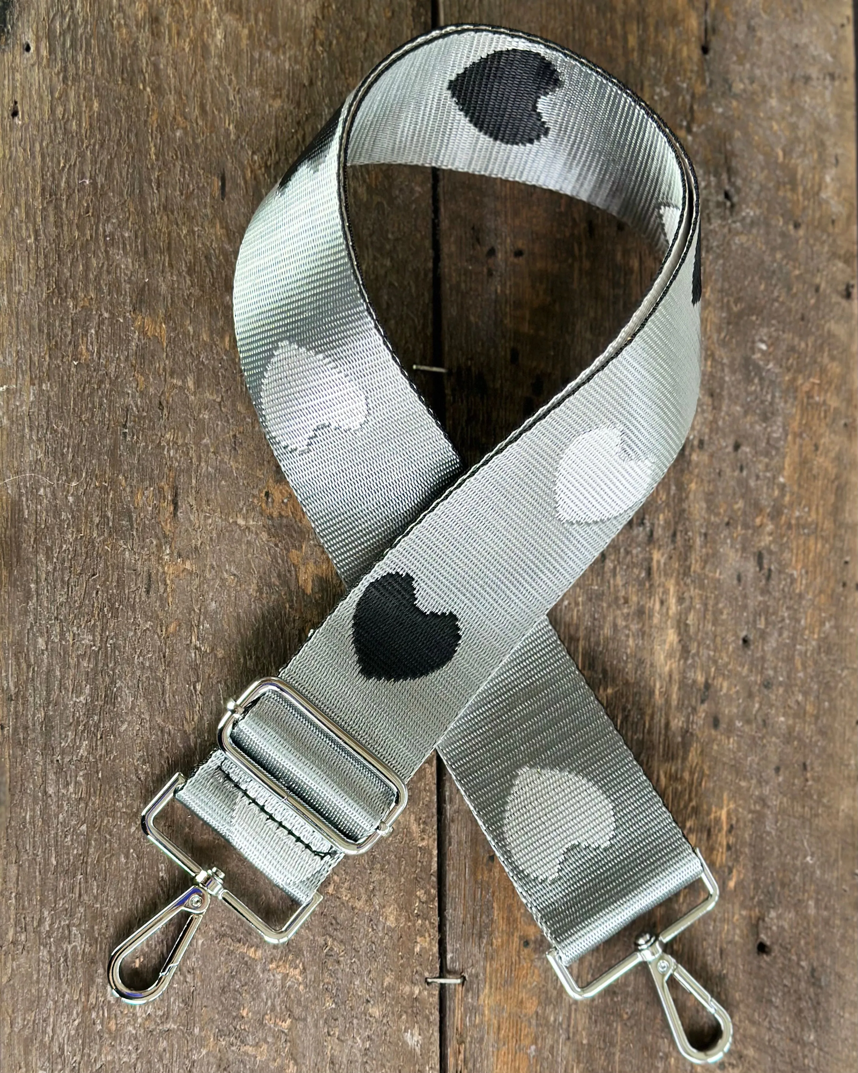 Bag Strap - Silver, White & Black Hearts Print