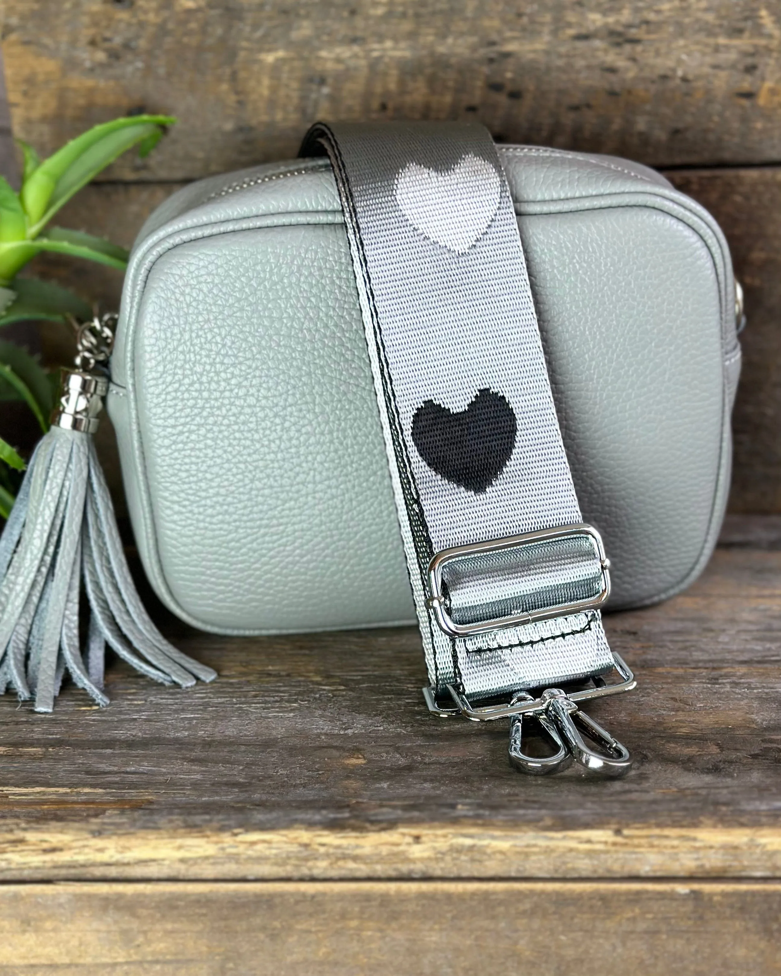 Bag Strap - Silver, White & Black Hearts Print