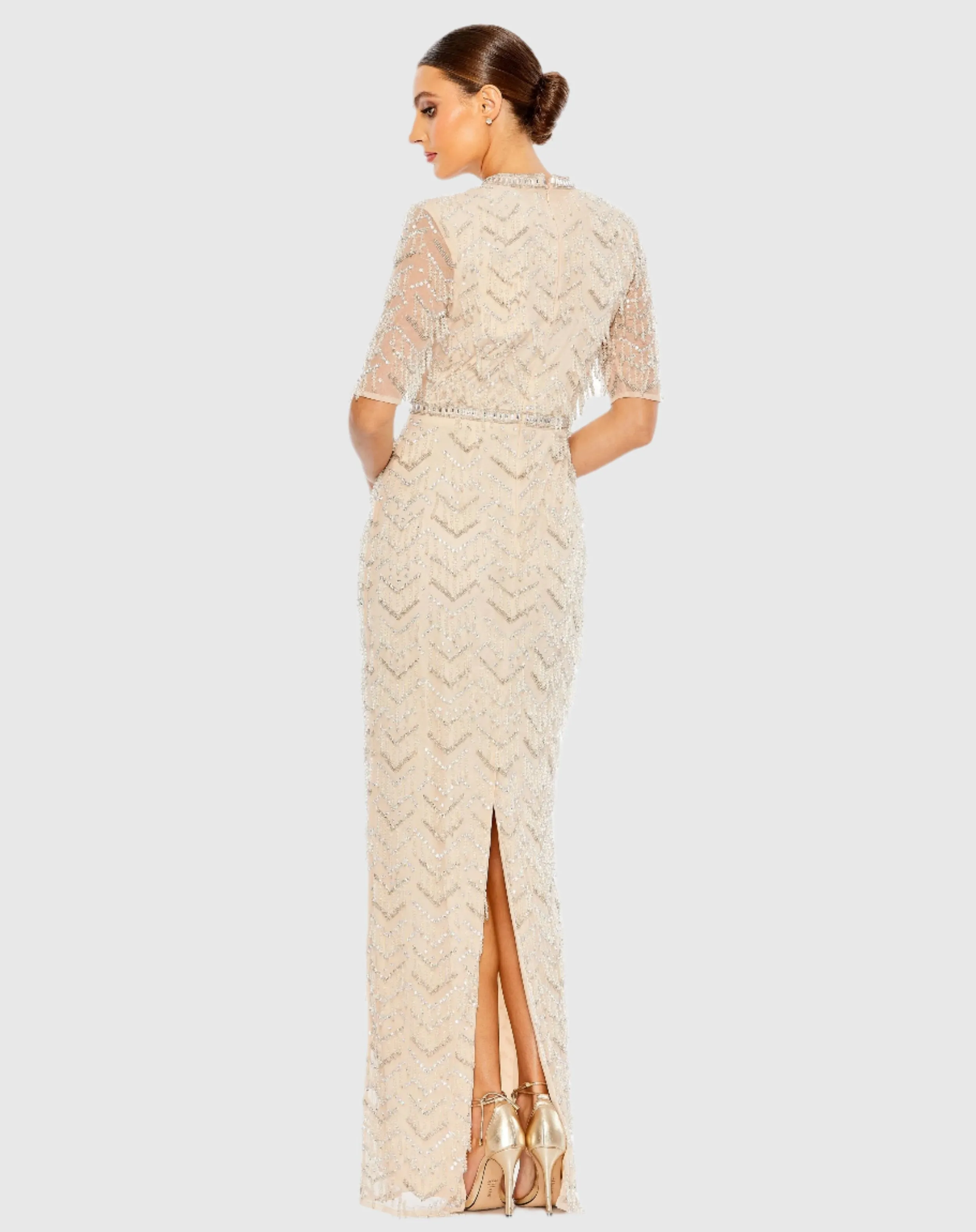 Beaded Fringe Quarter Sleeve Column Gown