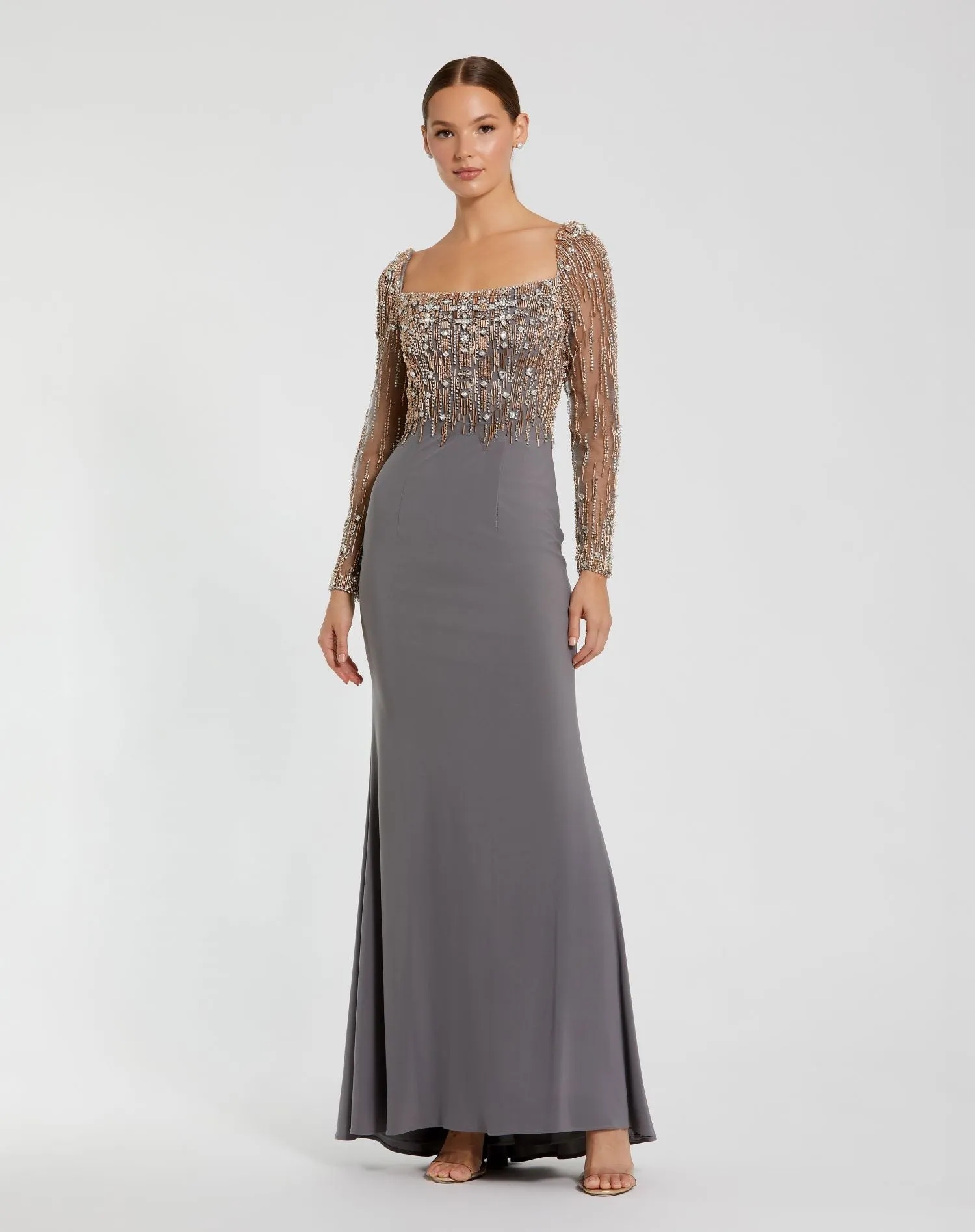 Beaded Square Neck Long Sleeve Jersey Gown