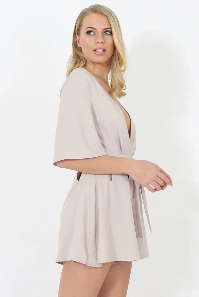 Beige Plunge Cut Out Playsuit - Sally