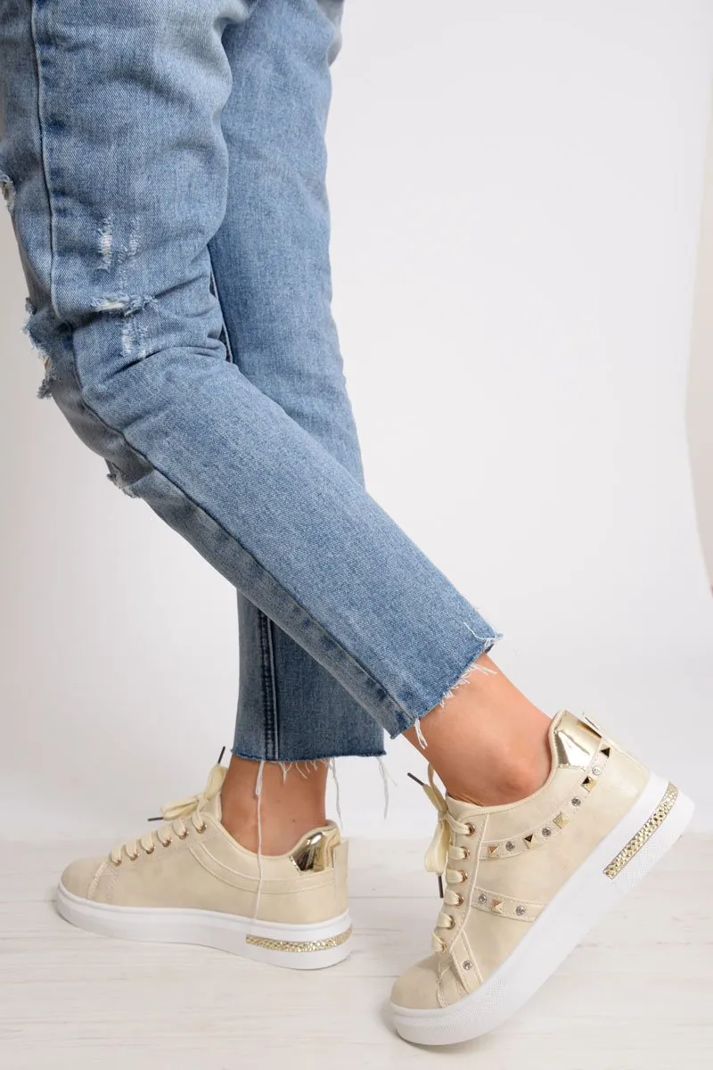 Beige Studded Lace Up Trainers - Ada