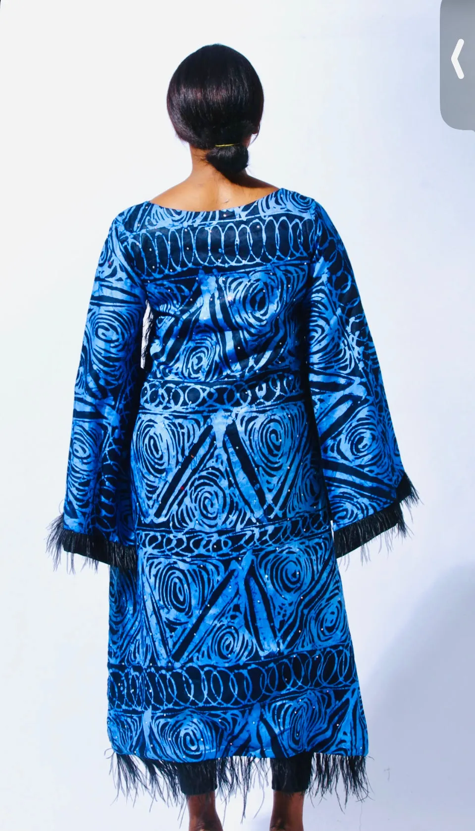 Blue Malaga Dual Slit  Sleeved Hand Beaded Adire Blouse  with Plumage-