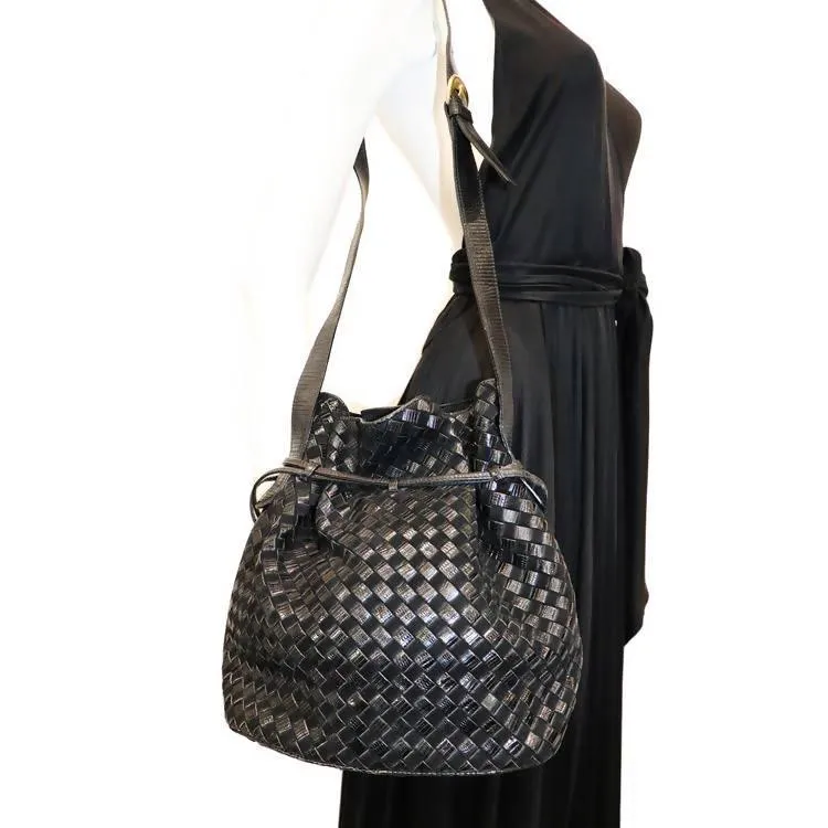 BOTTEGA VENETA Black Classic Woven Drawstring Bag