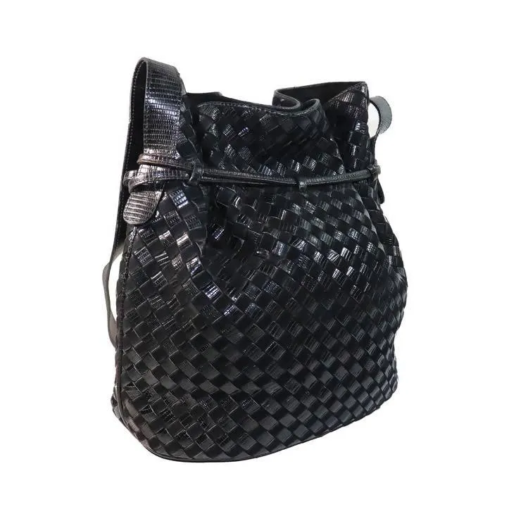 BOTTEGA VENETA Black Classic Woven Drawstring Bag