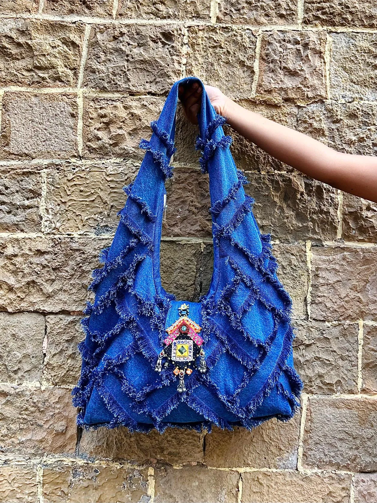 Bright Denim Frayed Jhumka Bag