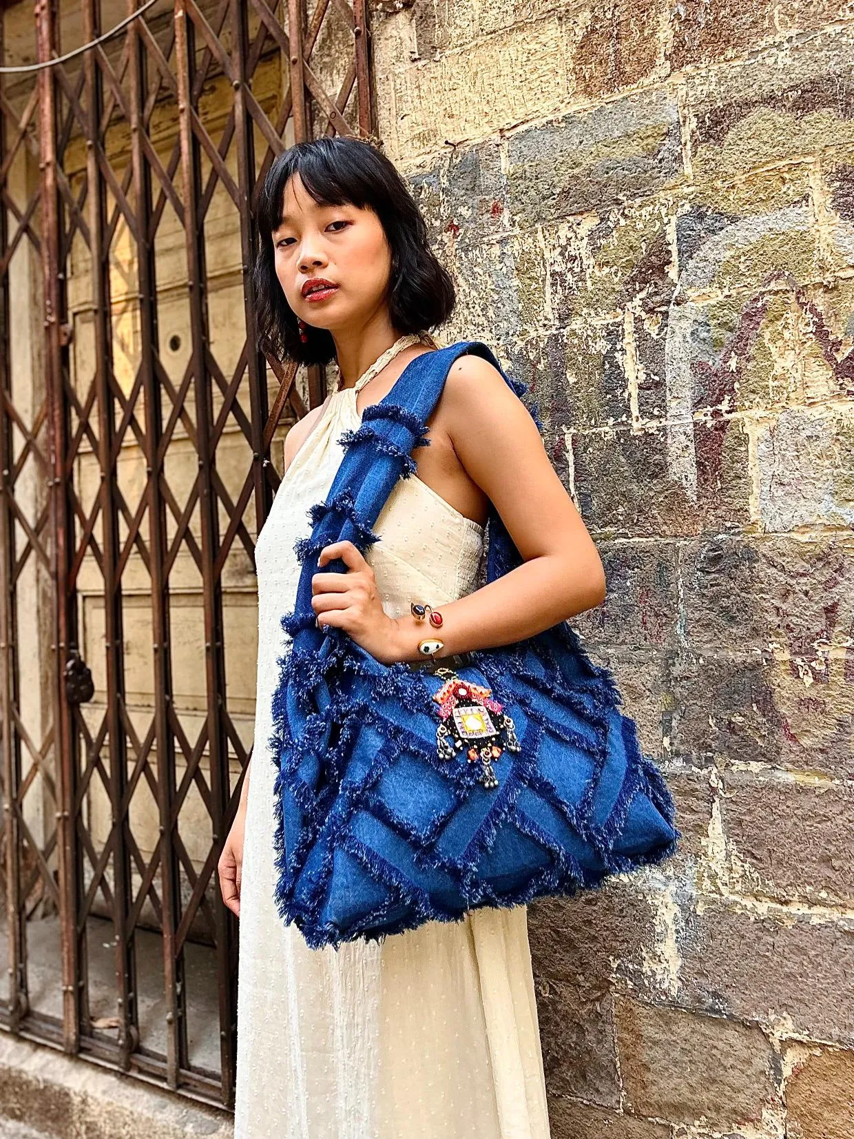 Bright Denim Frayed Jhumka Bag