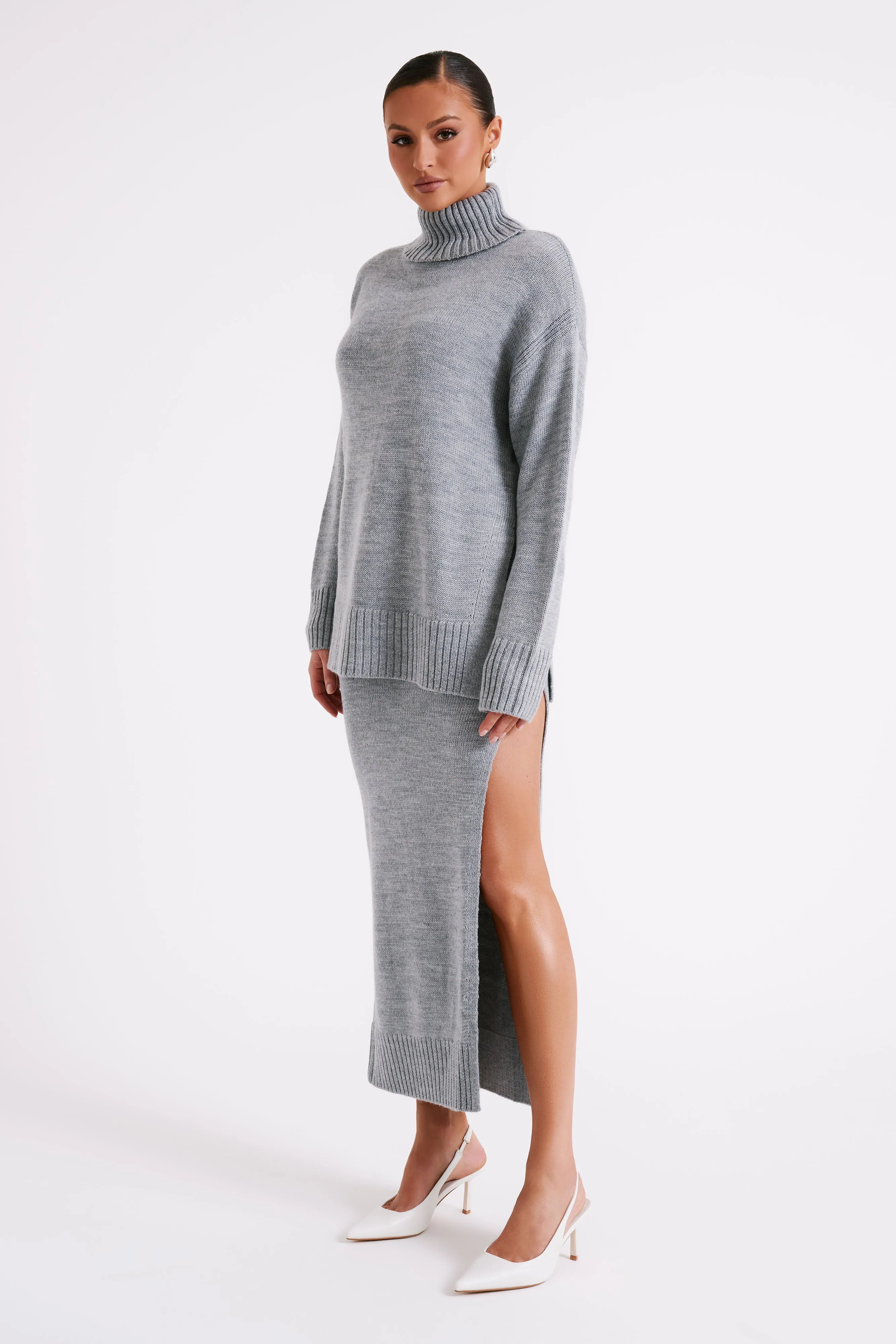 Brittany High Neck Knit Jumper - Grey Marle