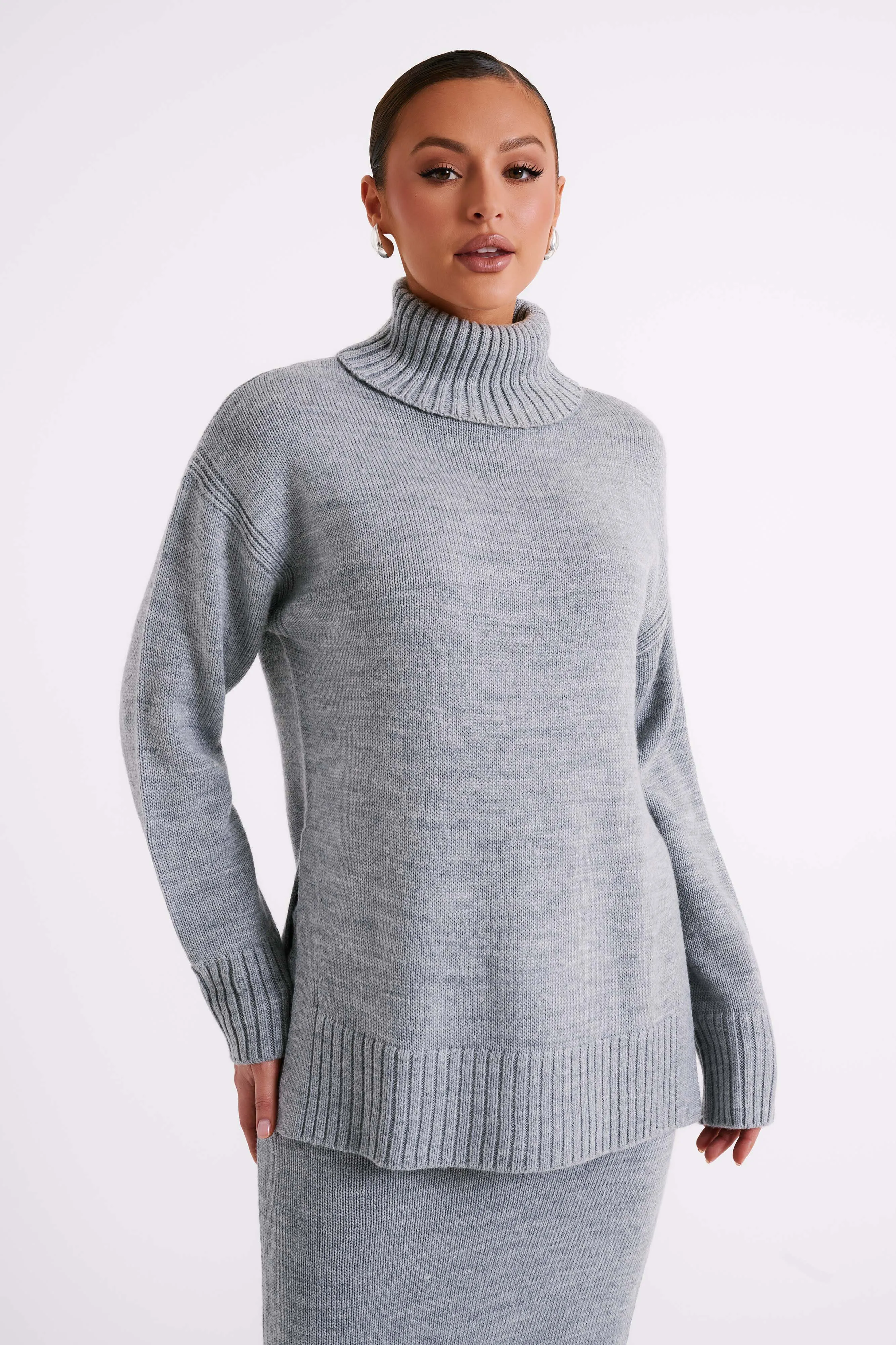 Brittany High Neck Knit Jumper - Grey Marle