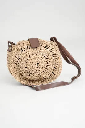 Brown Leather Handle Circle Rattan Purse, Small