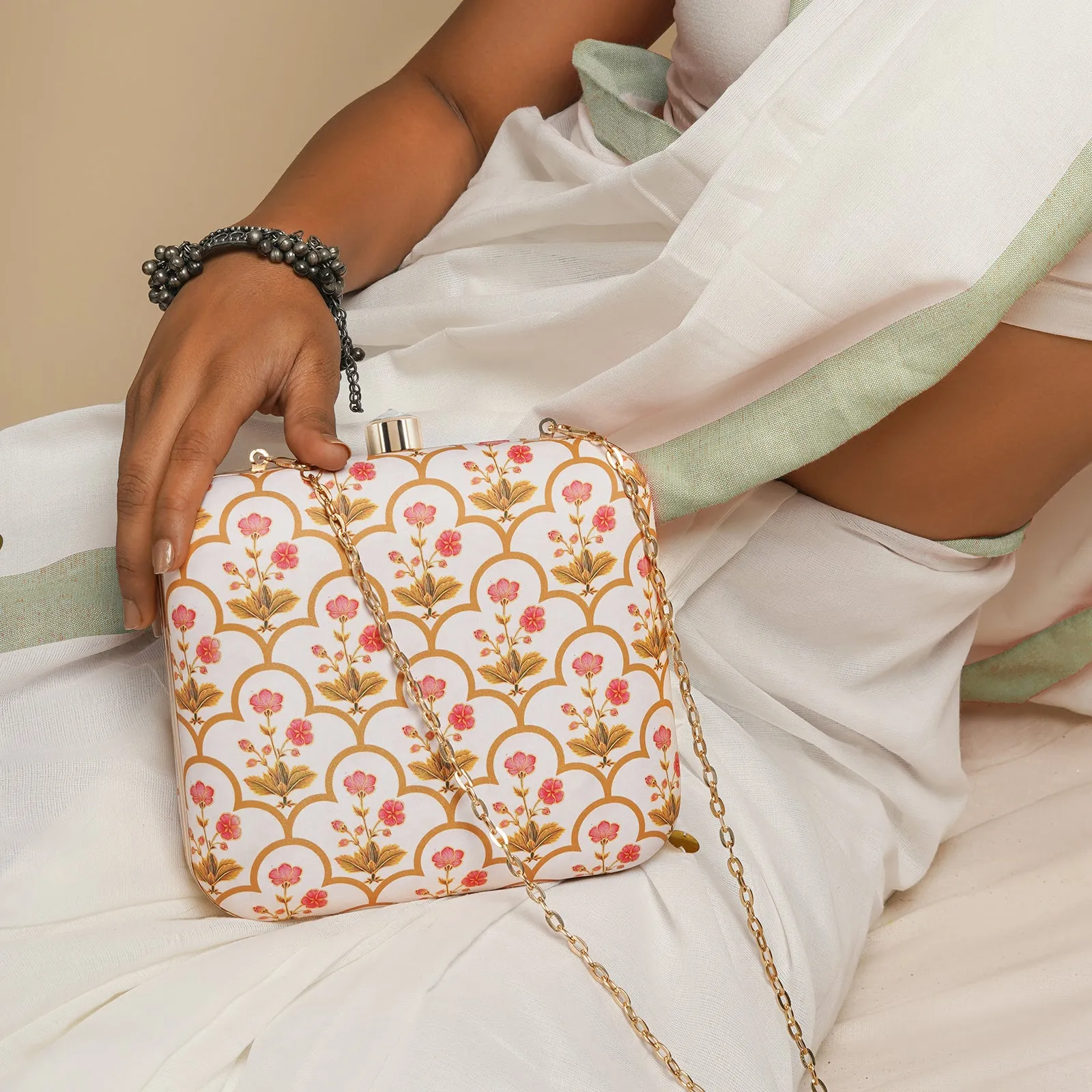 Butterfly Blush White and Green Stone and Print Clutch