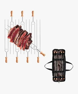 Campingmoon Wood handle Double Prong BBQ Skewers 8pcs Set