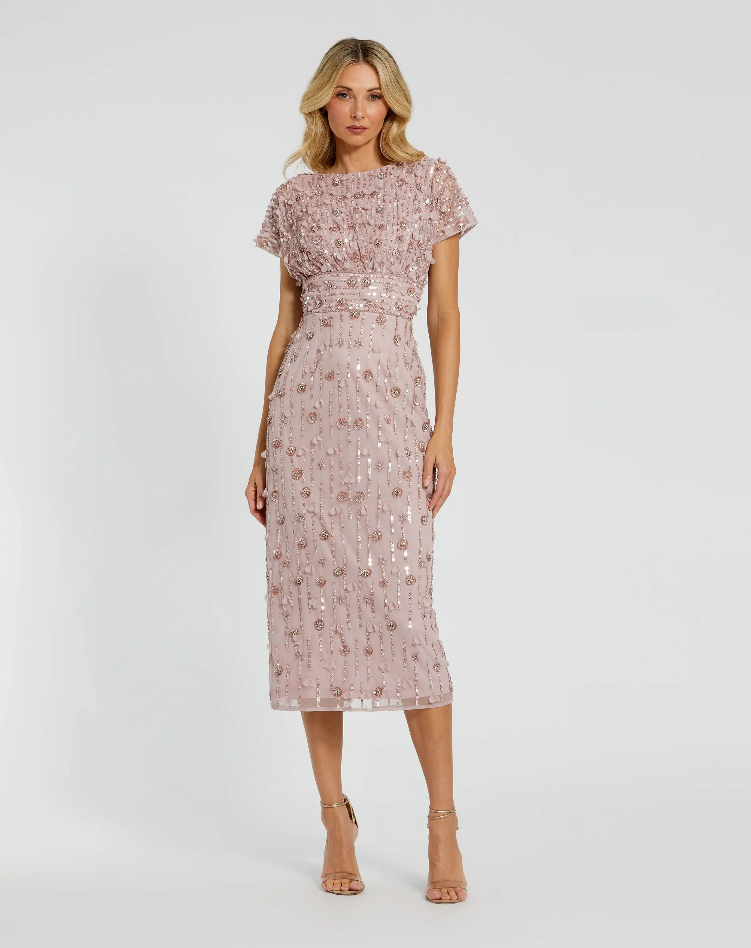 Cap Sleeve Column Midi Dress With Floral Beading