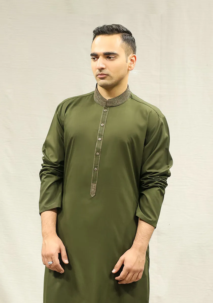 Classic Poly Viscose Dark Olive Classic Fit Embroidered Suit