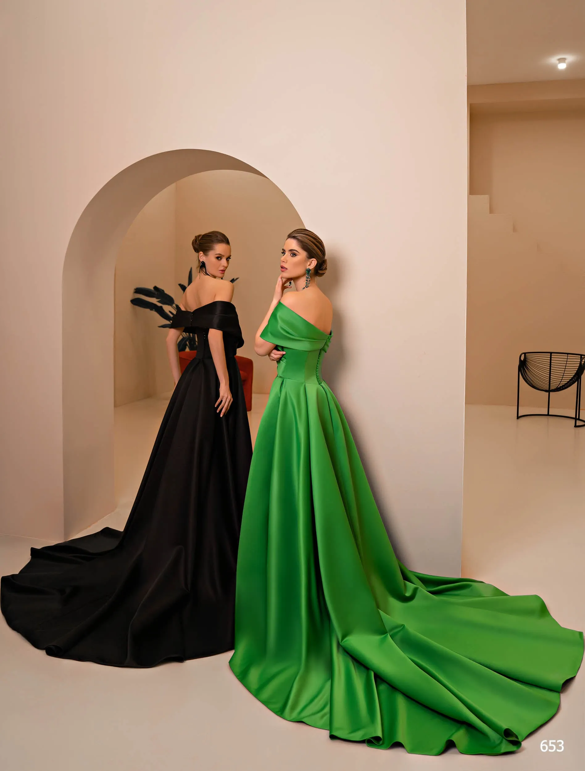 Classy Drop-Shoulder Black Satin Gown for Black Tie Wedding