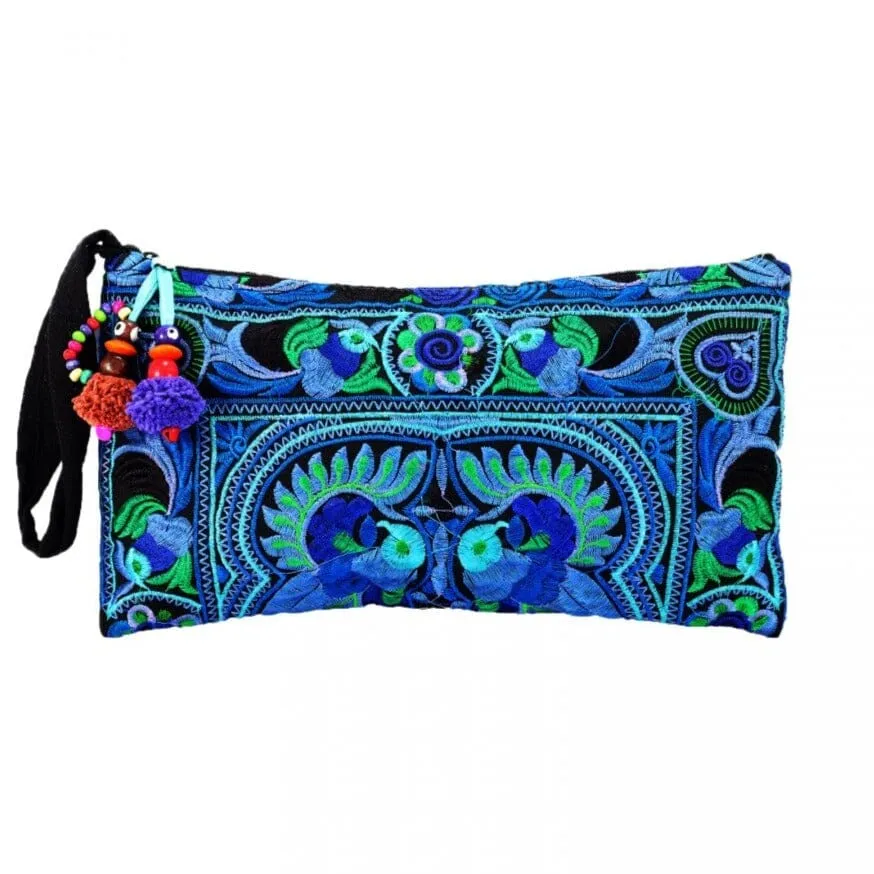 Colorful Embroidered Wristlet Bag - Boho Chic Pom-Pom Clutch