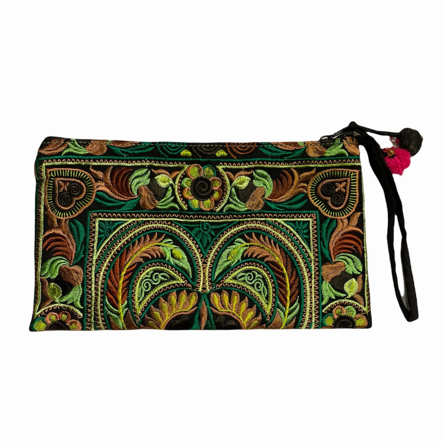 Colorful Embroidered Wristlet Bag - Boho Chic Pom-Pom Clutch