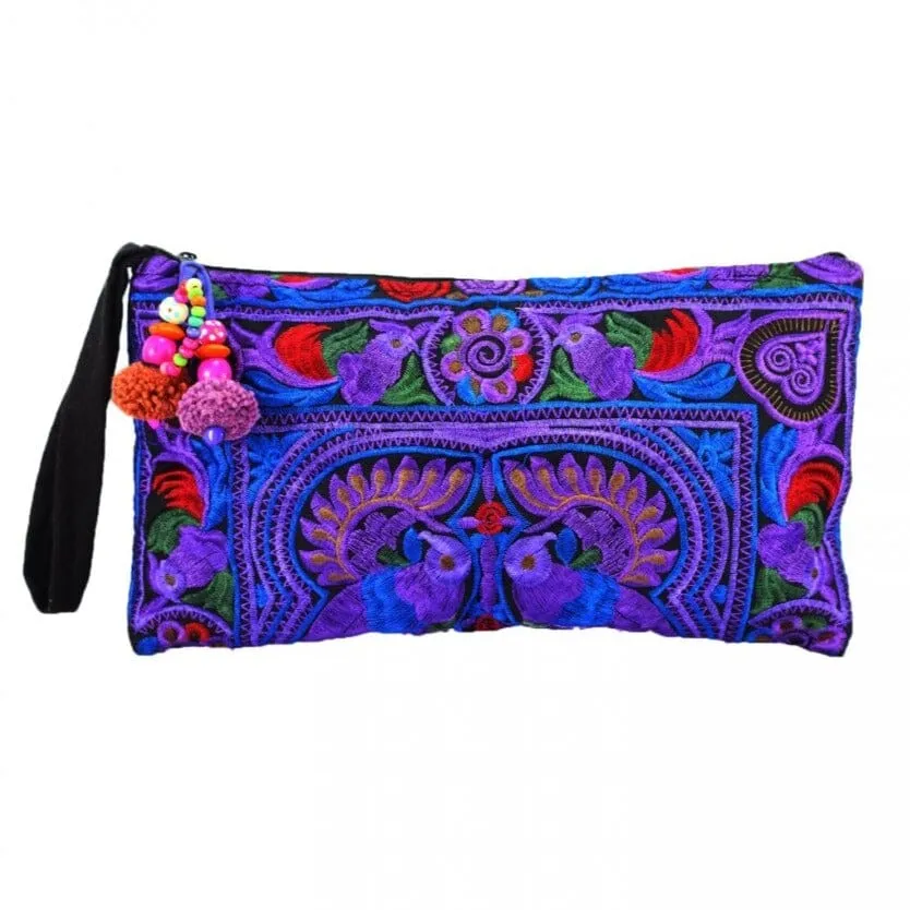 Colorful Embroidered Wristlet Bag - Boho Chic Pom-Pom Clutch