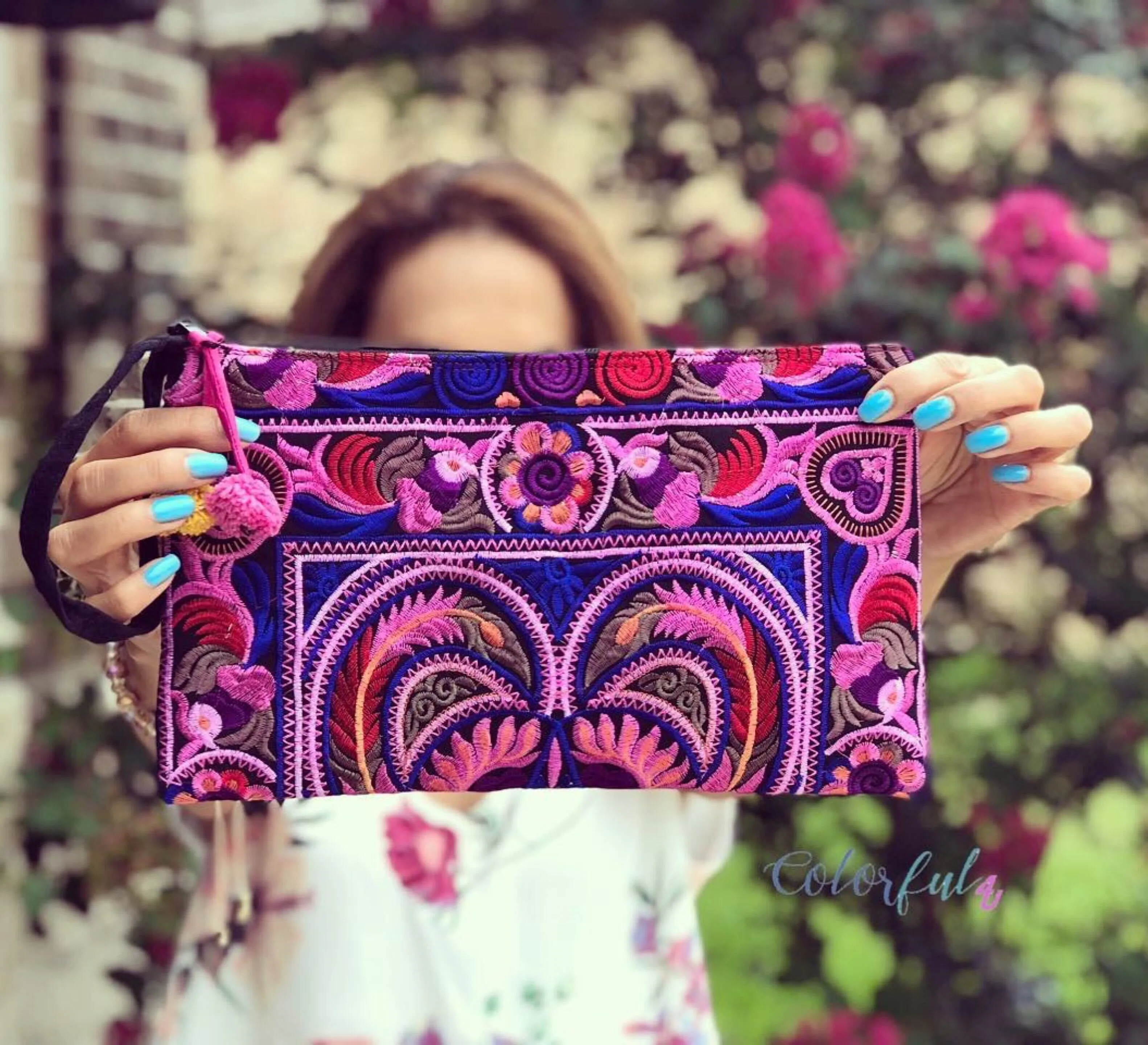 Colorful Embroidered Wristlet Bag - Boho Chic Pom-Pom Clutch