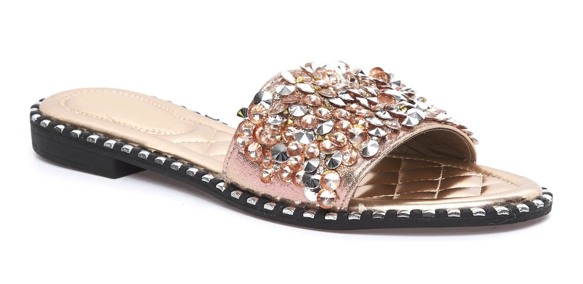 Cuba Gem Stone Cushioned Insole Open Toe Flat Slider In Rose Gold