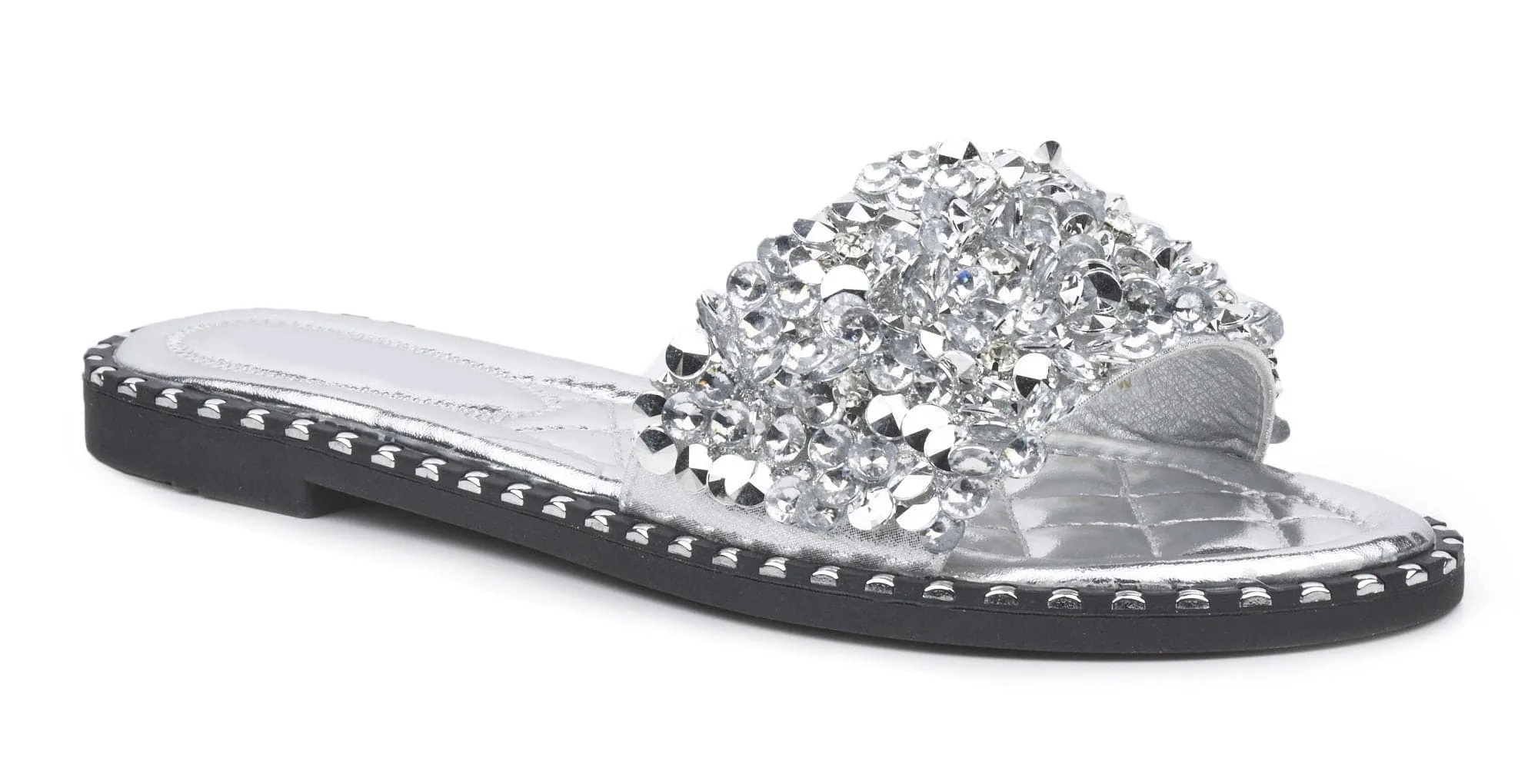 Cuba Gem Stone Cushioned Insole Open Toe Flat Slider In Silver