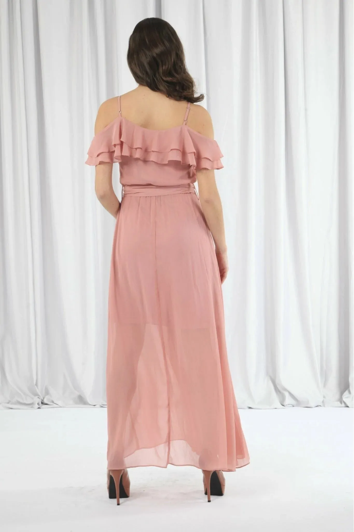 Double Second Pink Double Frill Off Shoulder Wrap Maxi Dress