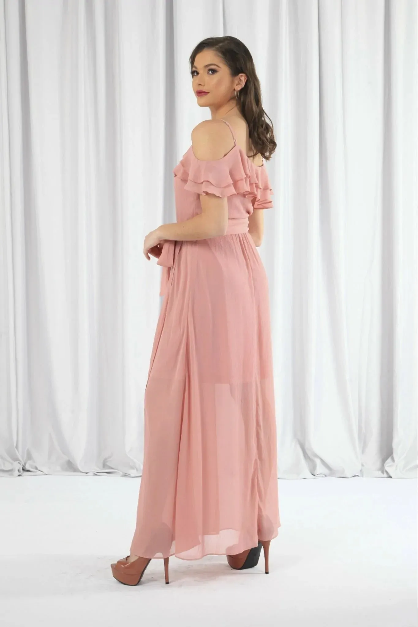 Double Second Pink Double Frill Off Shoulder Wrap Maxi Dress