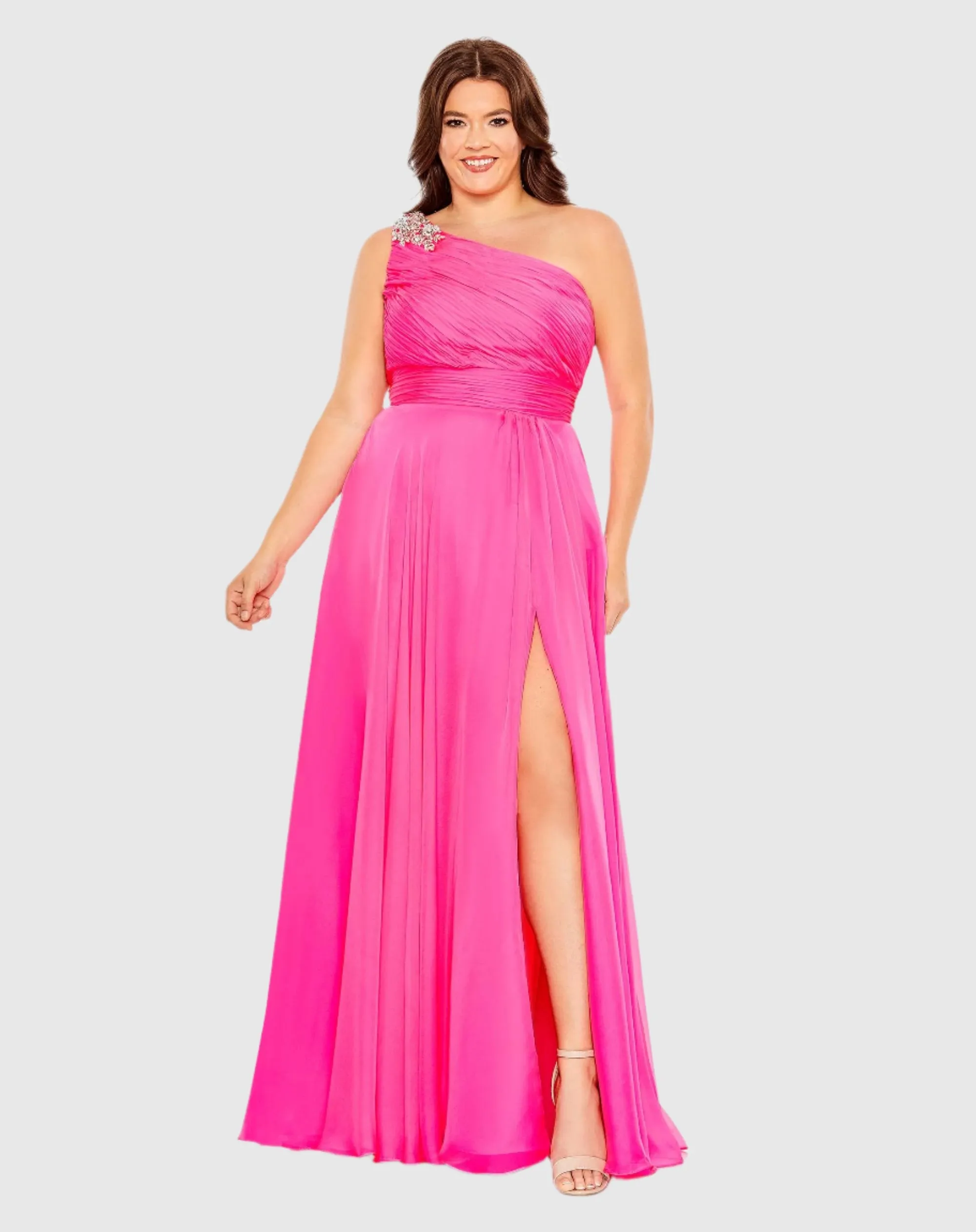 Draped Beaded One Shoulder Flowy A Line Gown