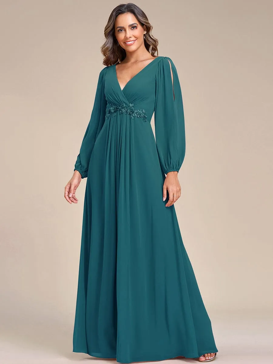 Elegant Chiffon V-Neckline Long Sleeve Formal Evening Dress