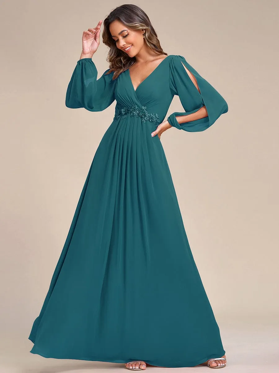 Elegant Chiffon V-Neckline Long Sleeve Formal Evening Dress