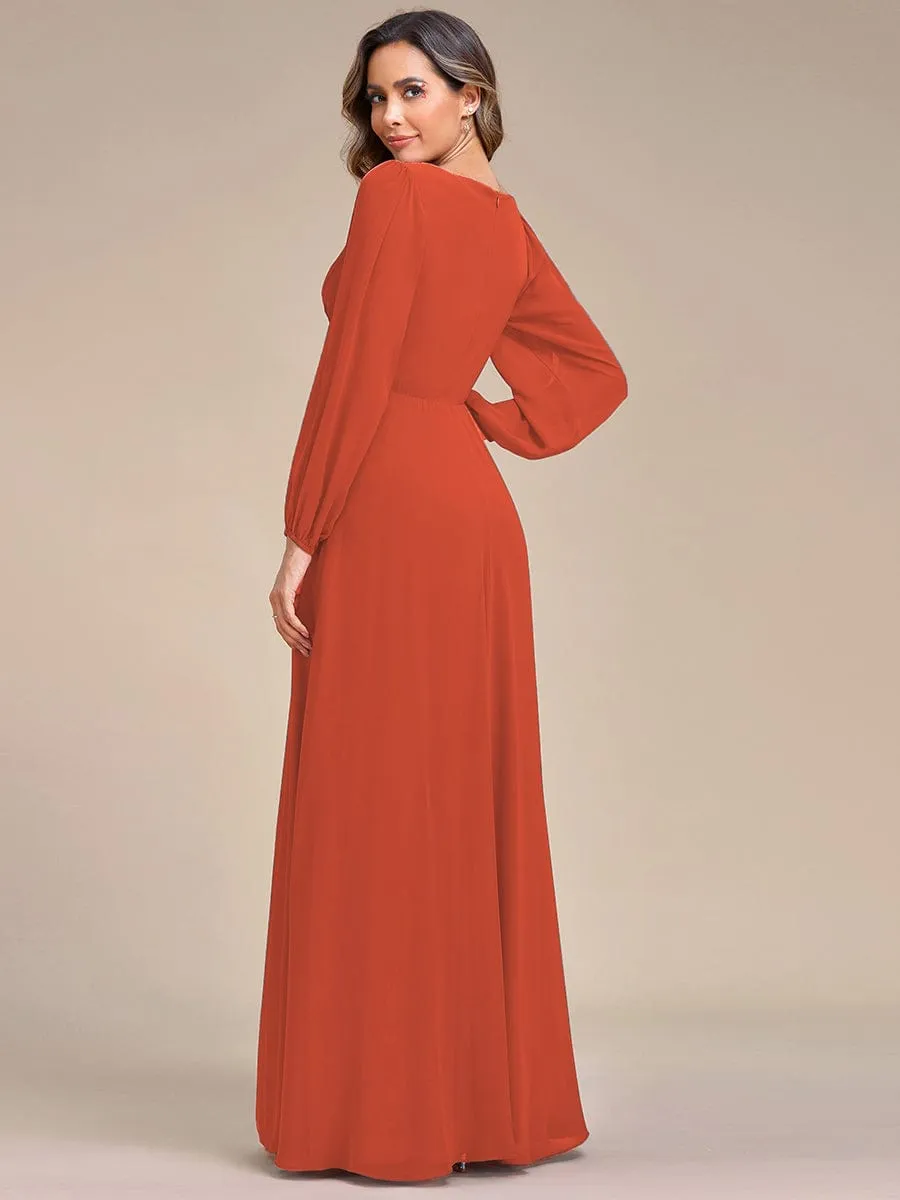 Elegant Chiffon V-Neckline Long Sleeve Formal Evening Dress