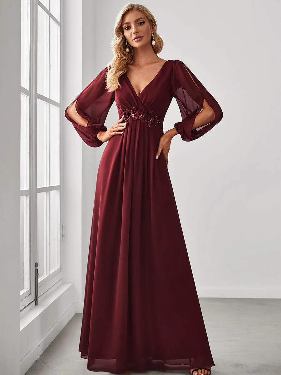 Elegant Chiffon V-Neckline Long Sleeve Formal Evening Dress