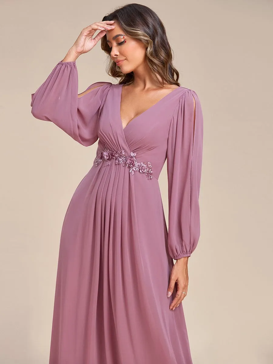 Elegant Chiffon V-Neckline Long Sleeve Formal Evening Dress