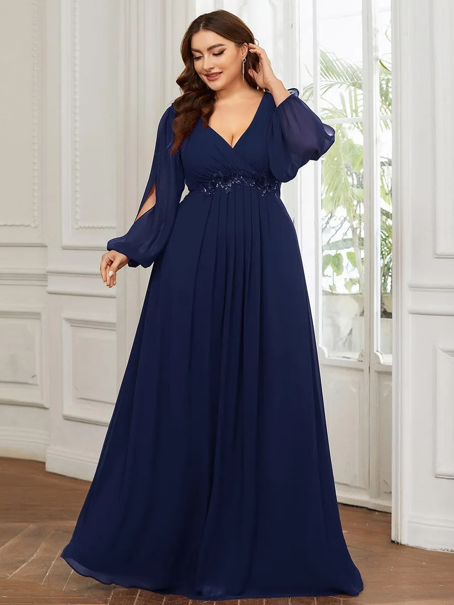 Elegant Chiffon V-Neckline Long Sleeve Formal Evening Dress