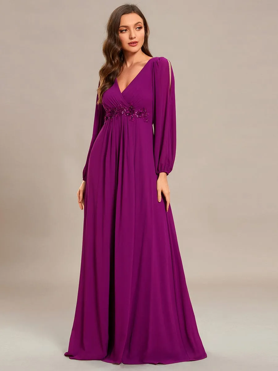 Elegant Chiffon V-Neckline Long Sleeve Formal Evening Dress