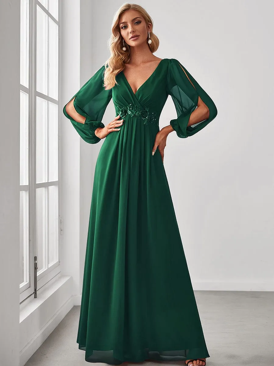 Elegant Chiffon V-Neckline Long Sleeve Formal Evening Dress